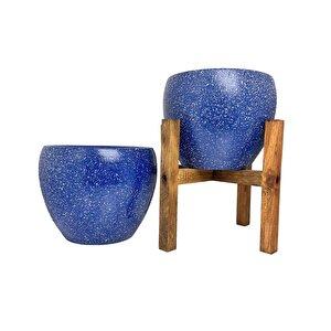 Lacivert Granit Toprak Saksı Saksılık Salon Çiçeklik İkili Set Ayaksız - 4 Ayaklı- 15 Cm