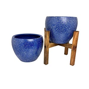 Lacivert Granit Toprak Saksı Saksılık Salon Çiçeklik İkili Set Ayaksız - 4 Ayaklı- 15 Cm