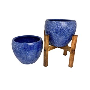 Bitki Tasarımı Lacivert Granit Toprak Saksı Saksılık Salon Çiçeklik İkili Set Ayaksız - 4 Ayaklı- 15 Cm