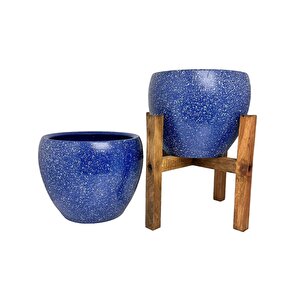 Bitki Tasarımı Lacivert Granit Toprak Saksı Saksılık Salon Çiçeklik İkili Set Ayaksız - 4 Ayaklı- 15 Cm