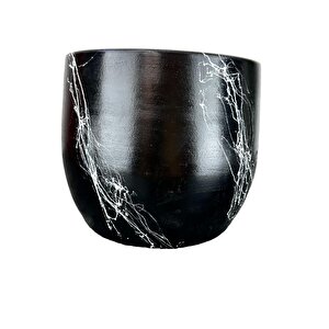 Siyah Üzeri Beyaz Mermer Efektli Toprak Saksı Saksılık Salon Çiçeklik - 19 Cm