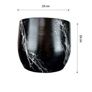 Siyah Üzeri Beyaz Mermer Efektli Toprak Saksı Saksılık Salon Çiçeklik - 19 Cm