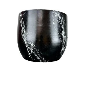 Siyah Üzeri Beyaz Mermer Efektli Toprak Saksı Saksılık Salon Çiçeklik - 19 Cm