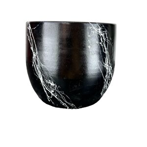 Bitki Tasarımı Siyah Üzeri Beyaz Mermer Efektli Toprak Saksı Saksılık Salon Çiçeklik - 19 Cm