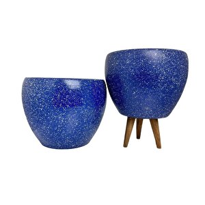 Lacivert Granit Toprak Saksı Saksılık Salon Çiçeklik İkili Set Ayaksız - 3 Ayaklı- 15 Cm