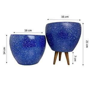 Lacivert Granit Toprak Saksı Saksılık Salon Çiçeklik İkili Set Ayaksız - 3 Ayaklı- 15 Cm