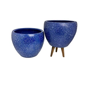 Lacivert Granit Toprak Saksı Saksılık Salon Çiçeklik İkili Set Ayaksız - 3 Ayaklı- 15 Cm