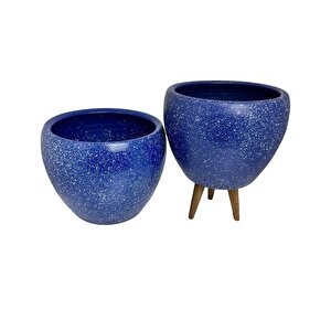 Bitki Tasarımı Lacivert Granit Toprak Saksı Saksılık Salon Çiçeklik İkili Set Ayaksız - 3 Ayaklı- 15 Cm