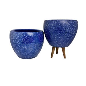 Bitki Tasarımı Lacivert Granit Toprak Saksı Saksılık Salon Çiçeklik İkili Set Ayaksız - 3 Ayaklı- 15 Cm