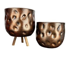 Bakır Desenli Toprak Saksı Saksılık Salon Çiçeklik İkili Set Ayaksız - 3 Ayaklı- 19 Cm