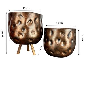 Bakır Desenli Toprak Saksı Saksılık Salon Çiçeklik İkili Set Ayaksız - 3 Ayaklı- 19 Cm
