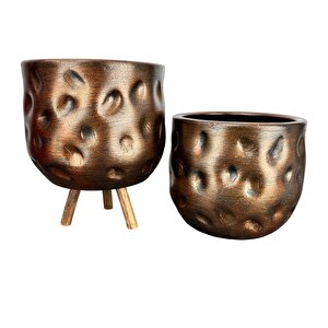Bitki Tasarımı Bakır Desenli Toprak Saksı Saksılık Salon Çiçeklik İkili Set Ayaksız - 3 Ayaklı- 19 Cm