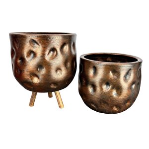 Bitki Tasarımı Bakır Desenli Toprak Saksı Saksılık Salon Çiçeklik İkili Set Ayaksız - 3 Ayaklı- 19 Cm