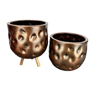 Bitki Tasarımı Bakır Desenli Toprak Saksı Saksılık Salon Çiçeklik İkili Set Ayaksız - 3 Ayaklı- 19 Cm