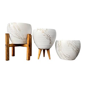 Beyaz Üzeri Gold Mermer Efektli Toprak Saksı Saksılık Salon Çiçeklik Üçlü Set - 15 Cm