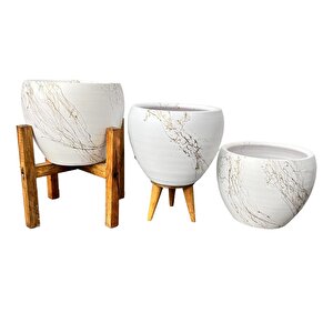 Bitki Tasarımı Beyaz Üzeri Gold Mermer Efektli Toprak Saksı Saksılık Salon Çiçeklik Üçlü Set - 15 Cm