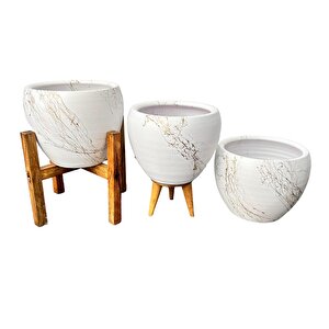 Bitki Tasarımı Beyaz Üzeri Gold Mermer Efektli Toprak Saksı Saksılık Salon Çiçeklik Üçlü Set - 15 Cm