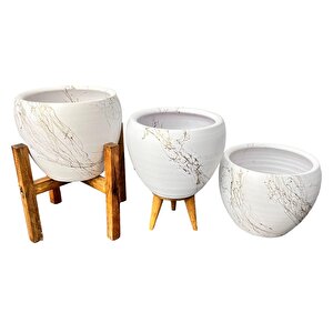 Bitki Tasarımı Beyaz Üzeri Gold Mermer Efektli Toprak Saksı Saksılık Salon Çiçeklik Üçlü Set - 15 Cm