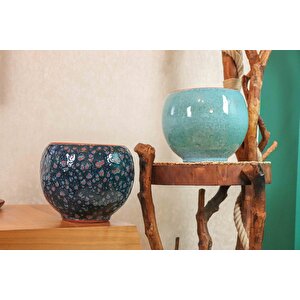 Lacivert Şekilli Ve Turkuaz Artistik Çift Sırlı İç Ve Dış Mekan Kullanımlı Toprak Terrakota Saksı Saksılık Salon Çi