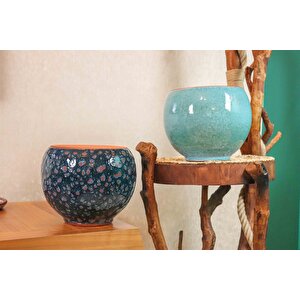 Lacivert Şekilli Ve Turkuaz Artistik Çift Sırlı İç Ve Dış Mekan Kullanımlı Toprak Terrakota Saksı Saksılık Salon Çi