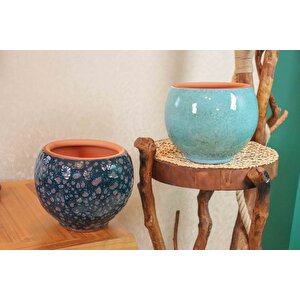 Bitki Tasarımı Lacivert Şekilli Ve Turkuaz Artistik Çift Sırlı İç Ve Dış Mekan Kullanımlı Toprak Terrakota Saksı Saksılık Salon Çi