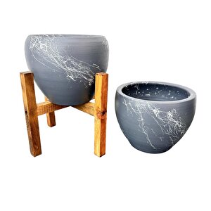 Gri Üzeri Beyaz Mermer Efektli Toprak Saksı Saksılık Salon Çiçeklik İkili Set Ayaksız - 4 Ayaklı- 15 Cm