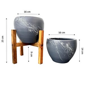Gri Üzeri Beyaz Mermer Efektli Toprak Saksı Saksılık Salon Çiçeklik İkili Set Ayaksız - 4 Ayaklı- 15 Cm