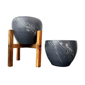 Gri Üzeri Beyaz Mermer Efektli Toprak Saksı Saksılık Salon Çiçeklik İkili Set Ayaksız - 4 Ayaklı- 15 Cm