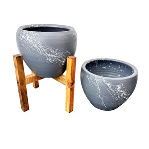 Bitki Tasarımı Gri Üzeri Beyaz Mermer Efektli Toprak Saksı Saksılık Salon Çiçeklik İkili Set Ayaksız - 4 Ayaklı- 15 Cm