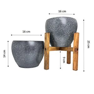 Gri Granit Toprak Saksı Saksılık Salon Çiçeklik İkili Set Ayaksız - 4 Ayaklı- 15 Cm
