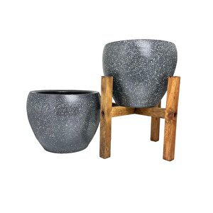 Gri Granit Toprak Saksı Saksılık Salon Çiçeklik İkili Set Ayaksız - 4 Ayaklı- 15 Cm