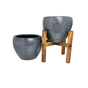 Bitki Tasarımı Gri Granit Toprak Saksı Saksılık Salon Çiçeklik İkili Set Ayaksız - 4 Ayaklı- 15 Cm