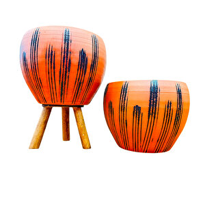 Siyah Çizgi Desenli Terrakota Toprak Saksı Saksılık Salon Çiçeklik İkili Set Ayaksız - 3 Ayaklı- 15 Cm