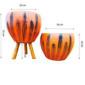 Siyah Çizgi Desenli Terrakota Toprak Saksı Saksılık Salon Çiçeklik İkili Set Ayaksız - 3 Ayaklı- 15 Cm