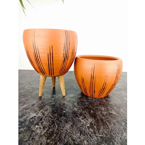 Bitki Tasarımı Siyah Çizgi Desenli Terrakota Toprak Saksı Saksılık Salon Çiçeklik İkili Set Ayaksız - 3 Ayaklı- 15 Cm