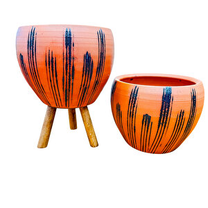 Siyah Çizgi Desenli Terrakota Toprak Saksı Saksılık Salon Çiçeklik İkili Set Ayaksız - 3 Ayaklı- 15 Cm