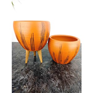 Bitki Tasarımı Siyah Çizgi Desenli Terrakota Toprak Saksı Saksılık Salon Çiçeklik İkili Set Ayaksız - 3 Ayaklı- 15 Cm
