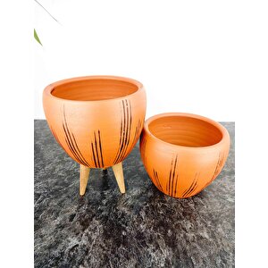 Bitki Tasarımı Siyah Çizgi Desenli Terrakota Toprak Saksı Saksılık Salon Çiçeklik İkili Set Ayaksız - 3 Ayaklı- 15 Cm