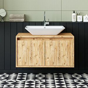 Ayaksız 2 Kapaklı Lavabolu Mat Ahşap Mdf 85 Cm Banyo Dolabı