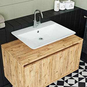 Ayaksız 2 Kapaklı Lavabolu Mat Ahşap Mdf 85 Cm Banyo Dolabı