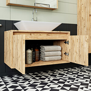 Roomart Lavabolu Mat Ahşap Mdf 85 Cm Banyo Dolabı+aynalı Banyo Üst Dolabı+boy Dolabı