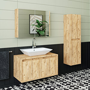 Roomart Lavabolu Mat Ahşap Mdf 85 Cm Banyo Dolabı+aynalı Banyo Üst Dolabı+boy Dolabı