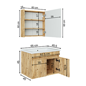 Roomart '' Lavabolu '' Atlantik Mat Mdf 65 Cm Banyo Alt Dolap + Aynalı Üst Dolap