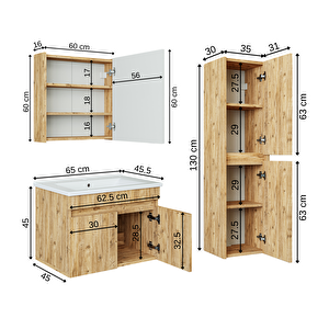 Roomart '' Lavabolu '' Atlantik Mat Mdf 65 Cm Banyo Alt Dolap + Aynalı Üst Dolap + Boy Dolap