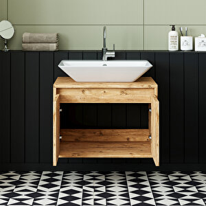 Banos Banyo Roomart Ayaksız 2 Kapaklı Lavabolu Mat Ahşap Mdf 65 Cm Banyo Dolabı