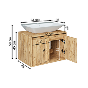Banos Banyo Roomart Ayaksız 2 Kapaklı Lavabolu Mat Ahşap Mdf 65 Cm Banyo Dolabı