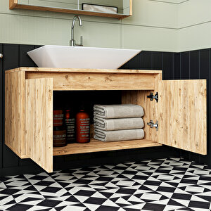 Roomart Lavabolu Mat Ahşap Mdf 85 Cm Banyo Dolabı + Aynalı Banyo Üst Dolabı