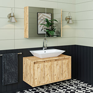 Roomart Lavabolu Mat Ahşap Mdf 85 Cm Banyo Dolabı + Aynalı Banyo Üst Dolabı