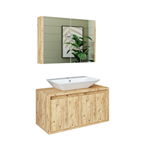 Roomart Lavabolu Mat Ahşap Mdf 85 Cm Banyo Dolabı + Aynalı Banyo Üst Dolabı