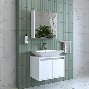 Banos Banyo Roomart Tm7.2 Lavabolu Mat Beyaz Mdf 65 Cm Banyo Dolabı + Aynalı Banyo Üst Dolabı